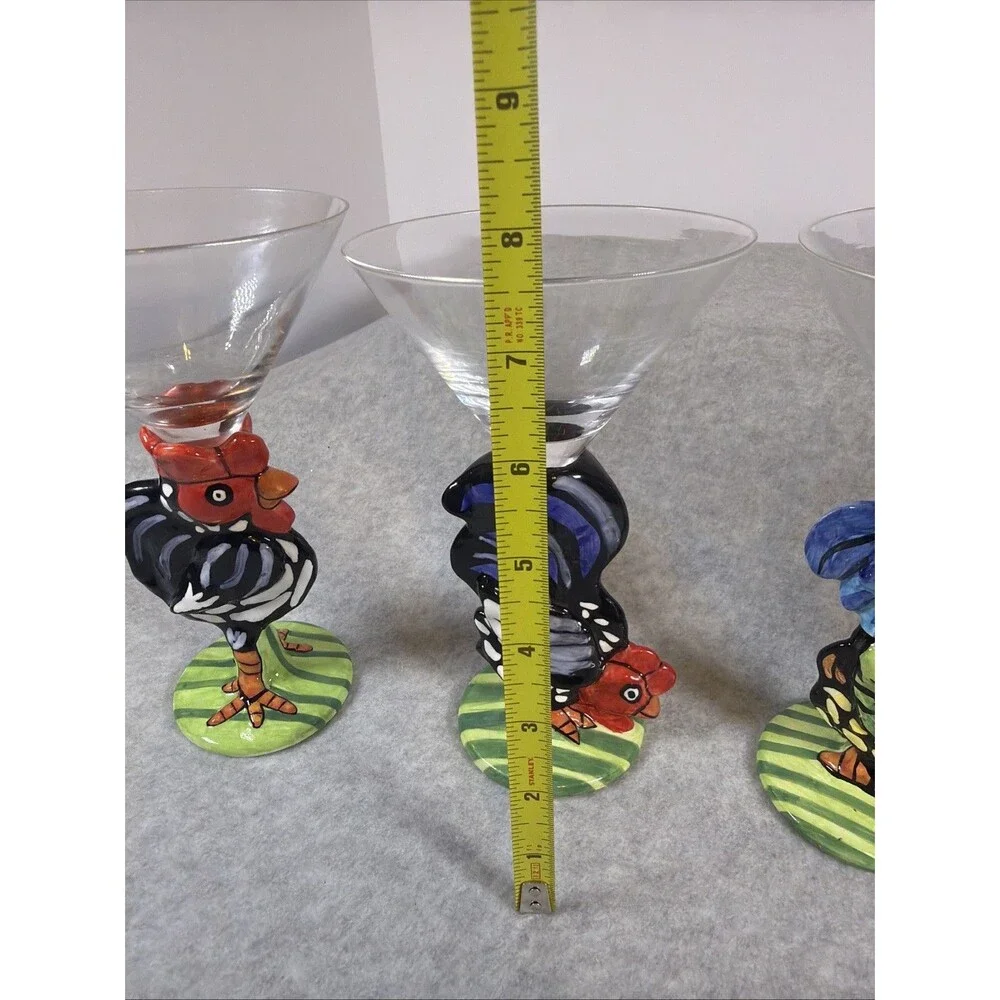 Vintage Nicole Engblom Hand Painted Rooster Martini Cocktail Glass Set Of 4 Rare